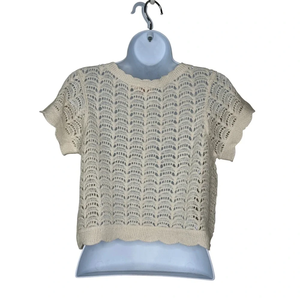 Good Luck Gem Crochet Cardigan Medium Cream Pointelle Cotton Knit Top Cottage